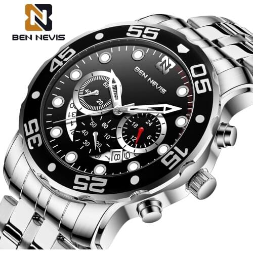 2021 New Fashion Silver Mens Watches Top Brand Luxury Clock Sports Chronograph Waterproof Quartz Watch Men Relogio Masculino