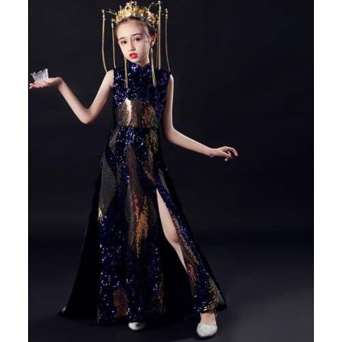 Children Luxury Sequin Mermaid Evening Gown Kids Catwalk Cheongsam Dresses Sexy Split Girls Wedding Birthday Party Dress Vestido