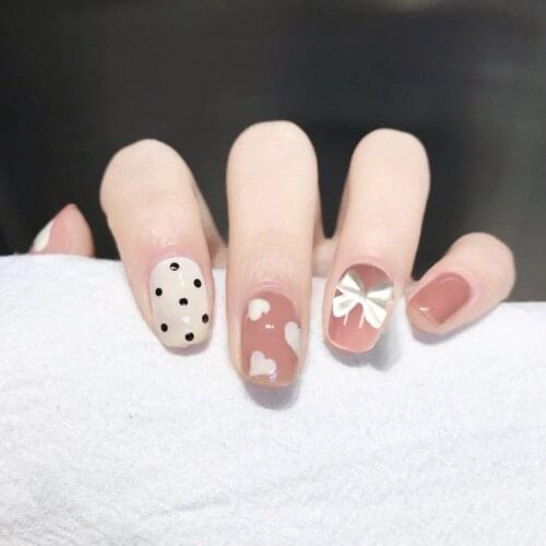 Jelly Gel 24 PCS Set Pink Artificial Fingernail Fake Nail with Designs PolkaDot Short Square Press on Korean Oval Nails JP1822