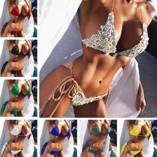 VIEUNSTA New Ornaments Patchwork Bikini Swimwear Women Sexy Low Waist Bikini set Bathing Suit Push up Stones Straps Swimsuit