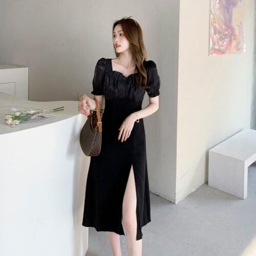 Fashion Summer Korean Casual Streetwear Midi Dress Ladies OL Elegant Vintage Square Collar Puff Sleeve Fold Beach Vacation Dress