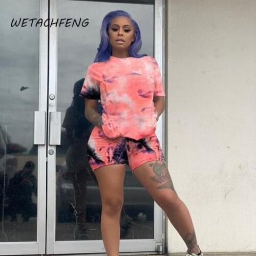 Fashion Tie Dye 2 Pieces Womens Tracksuit Summer Short Sleeve Biker Shorts Matching Top Set Loungewear Plus Size Female Clothes