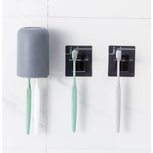 Wall-mounted Toothbrush Holder with Cup Simple Color Bathroom Organizer Wall Sticker Hanging Brush Holder Bathroom Gadget