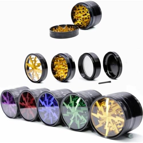 Latest 63MM 4-layer Aluminum Alloy Spice Weed Cutter Transparent Smoking Herb Cutter Lightning-Shaped Tobacco Grinder