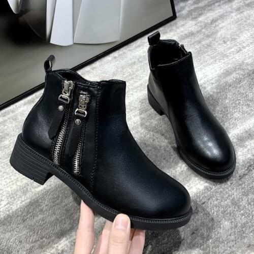 Women 2021 New Martin Boots Womens British Style Autumn and Winter Plus Cotton Womens Leather Shoes Double Zipper Ankle Boots