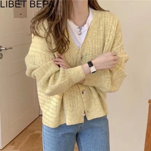 New 2021 Womens Autumn Winter Sweaters V-Neck Buttons Cardigan Vintage Fashionable Oversized Korean Elegant Lady Tops SWC1602JX