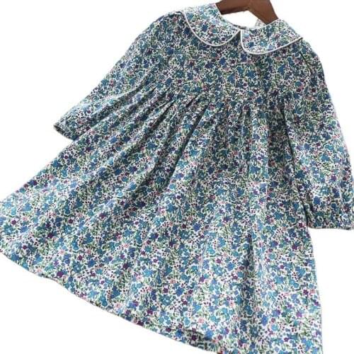 Childrens Floral Dress Girls Flower Country Pastoral Long Sleeve Doll Collar Cotton Internal Collocation Literary Retro Skirt