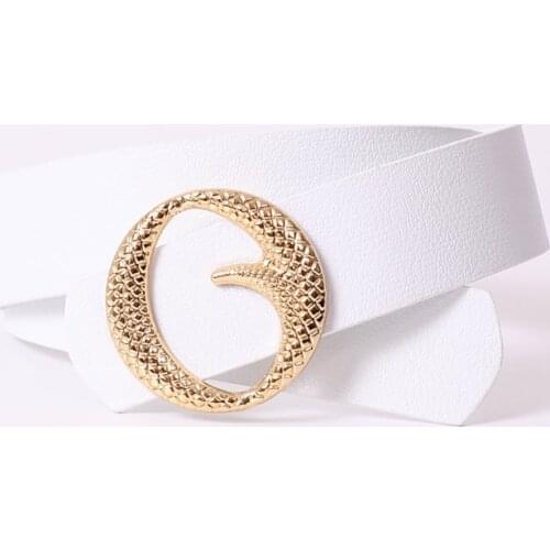 Round Gold Buckled White Waist And Pants Belt Latest Trend Women 'S Metal Snake Buckled Belt Faux Leather Quality Women 'S Belt