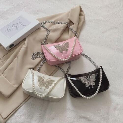 Vintage Women Bags PU Butterfly Rhinestone Underarm Ladies Pearl Shoulder Bag Retro Female Travel Small Subaxillary Bags