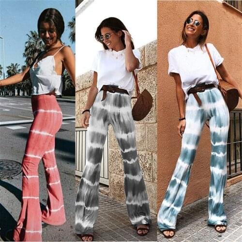 2021 New Women Flare Pants Tie-dye Stripe High Waist Trousers Summer Fall Casual Bohemian Long Pants Bottoms Female