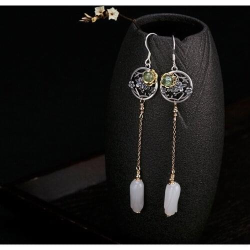 2018 Natural plum blossom natural Jade Lone Drop earrings retro personality Golden color female Earrings accessories