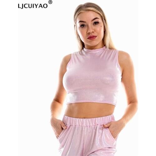 LJCUIYAO Womens Shiny Crop Top Clubwear Metallic Tank Vest Tops Sexy Holographic Tank Shiny Party Nightclub Slim Vest Sleeveless