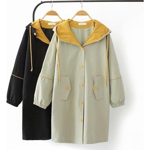 Oversized womens hooded trench coat spring autumn single-breasted windbreaker casual top long outerwear female Plus size G850