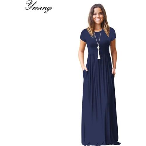 YMING Fashion Womens Long Dress Spring Summer Short-Sleeve Vestidos Solid Round Neck Ladies Dress Commuting Dresses