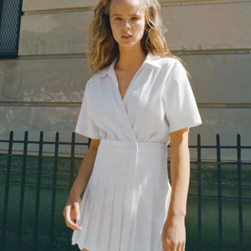 2021 Summer White Pleated Mini Dress Women Vintage Short Sleeve Side Zipper Office Lady Dresses Woman Fashion Front Hook Vestido