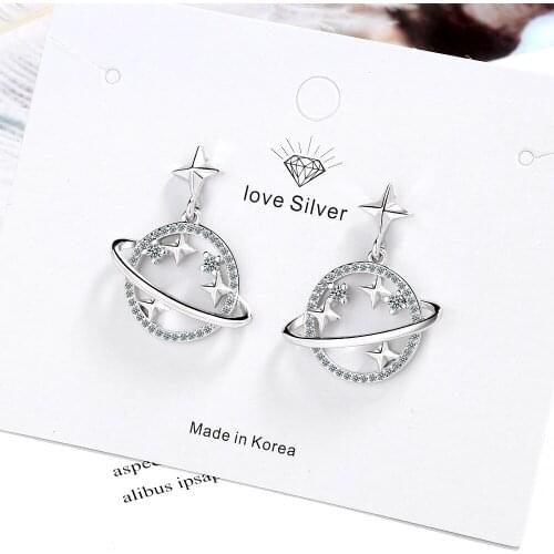 Glittering Universe Planet Star Zircon Dangle Earrings With Silver Color Sweet Earring For Women