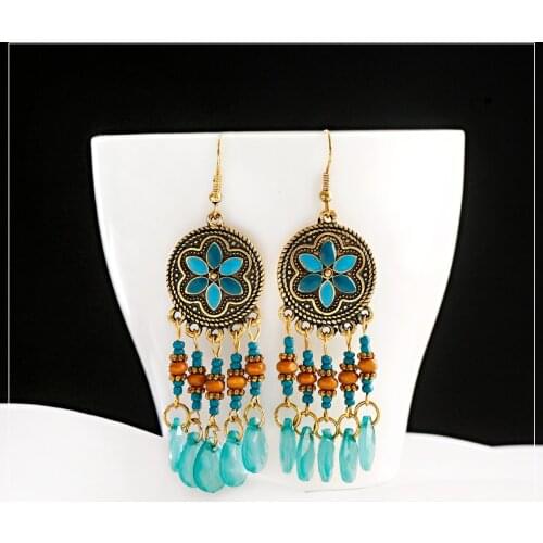 Ethnic Style Bohemian Retro Long Earrings Round Geometric Alloy Pendant Long Chain Feather Tassel Long Earrings Gypsy Jewelry