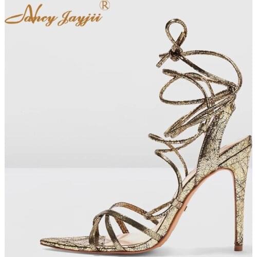 Women Shoes Ladies Sandals Golden Solid Ankle Strap Lace-Up Wedding/Party Super High Thin Heels Elegant Mature 2019 Rome Summer
