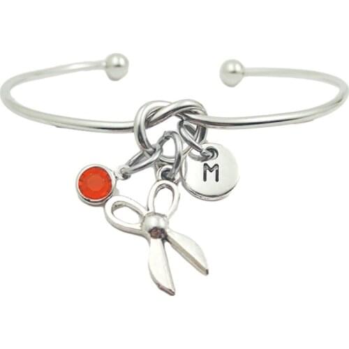 Scissor Retro Creative Initial Letter Monogram Birthstone Adjustable Bracelet Fashion Jewelry Women Gift Pendant