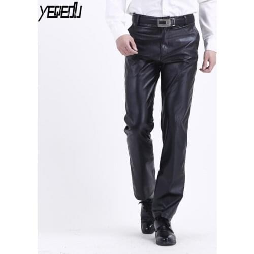 #2210 2020 Summer Waterproof Loose Stretch PU Faux Leather Pants Men Straight Fashion Thin Leather Trousers Men Black Plus Size