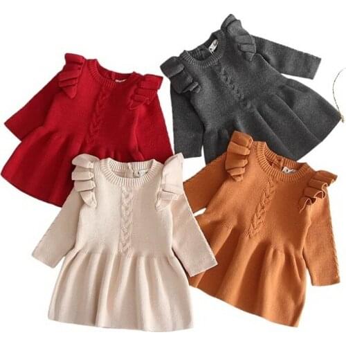 Baby Dress Infant Sweater Long Sleeve Flying Sleeve Red Beige Brown Grey Cute Winter New Born Toddler Ruffle Cotton Clothing R