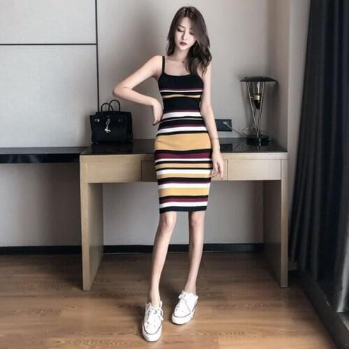 GOOHOJIO 2020 New Stripe U-neck Casual Dresses Women Skinny Clubwear Sling Women Dress Temperament Slim Bodycon Female Dresses