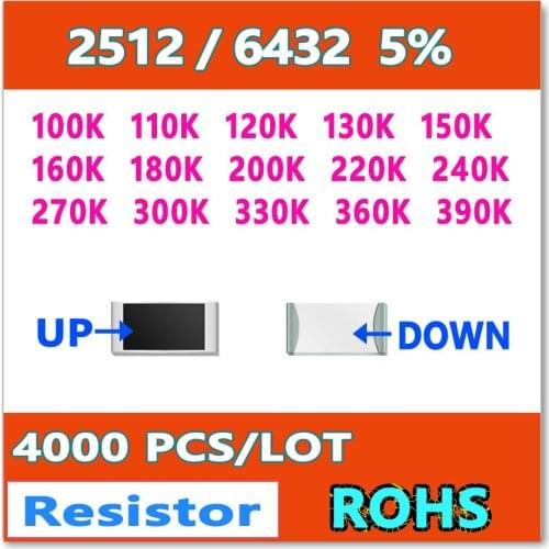 JASNPROSMA 2512 J 5% 4000pcs 100K 110K 120K 130K 150K 160K 180K 200K 220K 240K 270K 300K 330K 360K 390K 6432 OHM Resistor