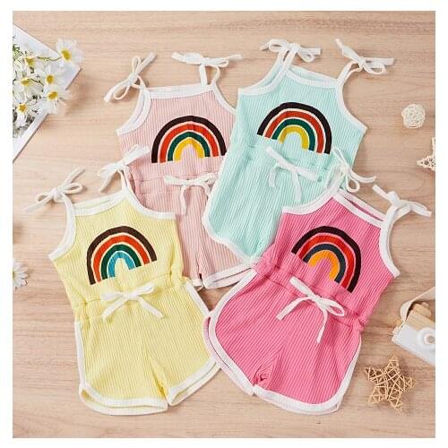 Toddler Baby Boys Girls Sleeveless Playsuits Summer Rainbow Printed Pattern Off-the-shoulder Suspender Kids Children Clothes