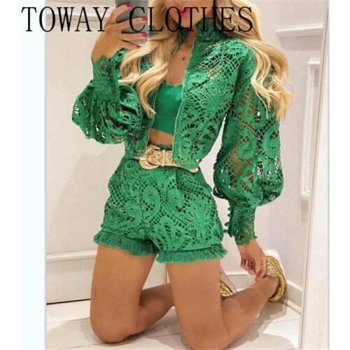 Round Neck Long Sleeve Lace Contrast Hollow-Out Shorts With Lantern Sleeve Coat Solid Hollow-out Puff Sleeve Sexy Short Sets