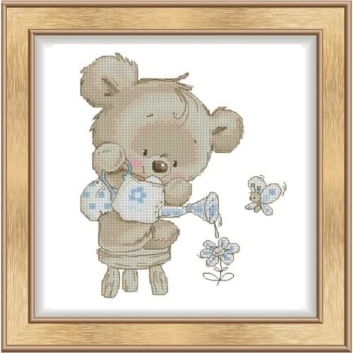Cross stitch kit with Chinese hand embroidered DIY11CT printed cloth cute cartoon watering bear