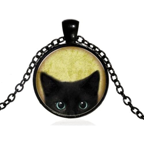 Classic Cute Black Cat Face Round Glass Pendent Necklace Fashion Animal Portrait Necklace for Women Men Girls Kids Neck Jewelry