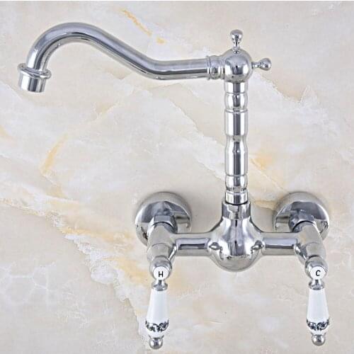 Polished Chrome Brass Wall Mount Kitchen Sink Faucet Swivel Spout Mixer Tap Dual Ceramics Handles Levers anf566
