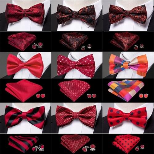 Pre Bow Ties For Men Silk Butterfly Ties Red Hanky Cufflinks Suit Collar Removable Gift Bow Ties Xmas Wedding Men Accessory Male
