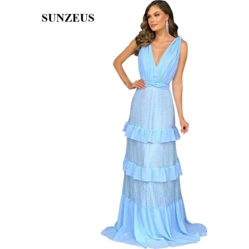 Straight V-neck Long Lace Bridesmaid Dresses 2020 New Blue Wedding Guest Dress With Chiffon Ruffles damas de honor