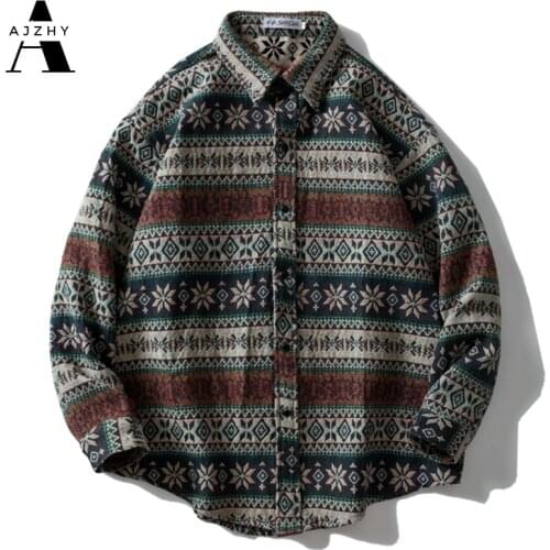 AJZHY Stripe Shirt Mens National Style Vintage Geometric Pattern Long Sleeve Autumn Winter Thick Knitted Streetwear Casual Tops