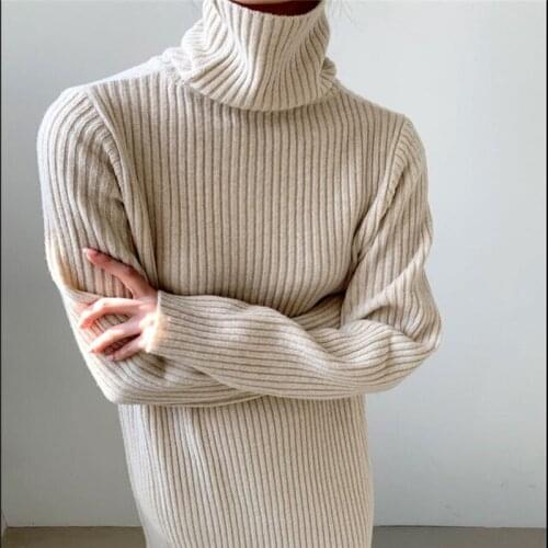 Turtleneck Chic Knitwear New Thick Knitted Woman Winter Sweater Dress Women 2021 Solid Warm Casual Jumper Dress Korean Pollover