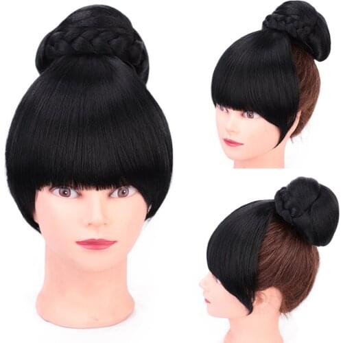 Synthetic Extension Clip in Hair Dount Chignon with Bangs Hairpiece for Women Drawstring Ponytail Extension