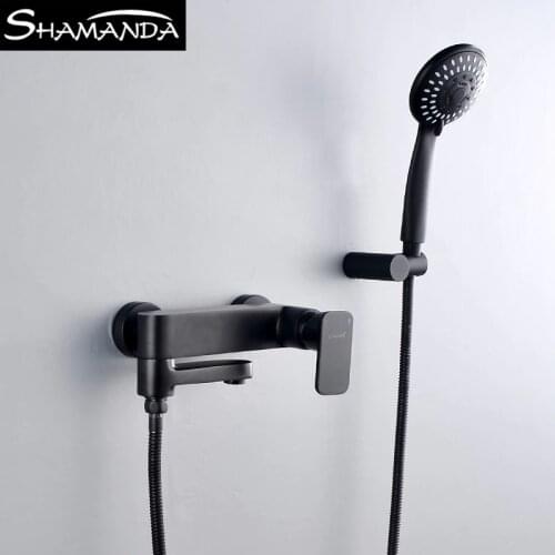 Black Brass Bathroom Shower Faucet Bath Faucet Mixer Tap With Hand Shower Head Set Wall Mounted Black Shower Set Bathroom