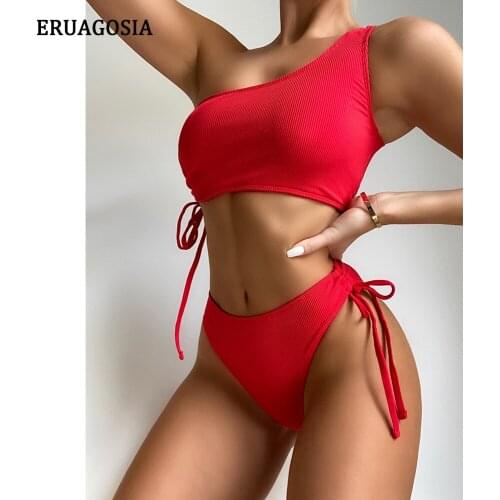 Sexy Bikini Women Ribbed Swimsuit 2021 One Shoulder Swimwear Female Bathing Suit Straps Bikini Set Red Brazilian Biquinis