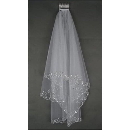 Elbow Beaded Edge Pearl Sequins Wedding Bridal Veil with Comb 2021