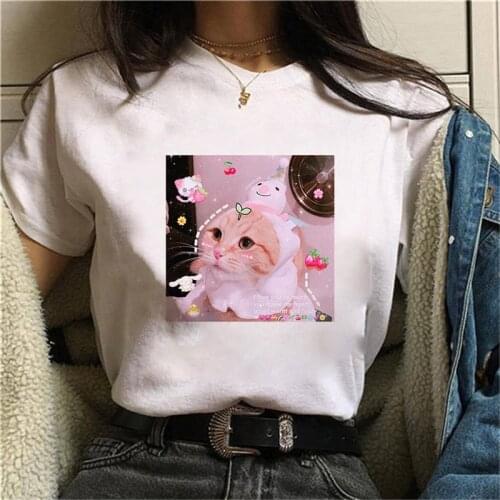 Women Fashion Funny Cat Printed T Shirt Top Summer Graphic Casual t shirt women New Style White Tees Female