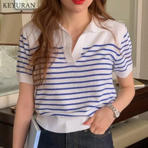 Striped T-shirts Women Puff Sleeve Short Sleeve Knitted Tops Turn-down Collar Casual Clothes Summer 2021 Korean Tees Shirts