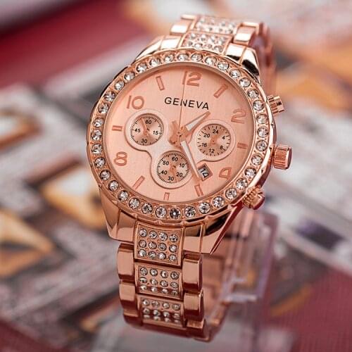 Luxury Brand Geneva Watches With calenda Women Fashion Wristwatch Crystal Rhinestone Ladies Gold Quartz Watch Relogio Feminino