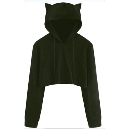 Women Sport Hoodies With Lovely Cats Ears Solid Teddy Cropped Hoodie Skateboard Pullovers Autumn Women Campus Casual Sweatshirts