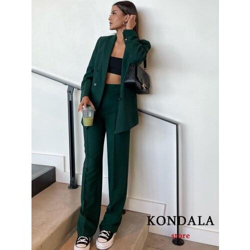 KONDALA Za 2021 Chic Green Office Lady Oversized Long Blazer Women V Neck Long Sleeve Double Breasted Jackets Female Outwear