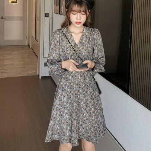 Women Vintage Floral Print Dresses Fashion High Waist Female Dress Vestido Spring Autumn Long Sleeve Dress