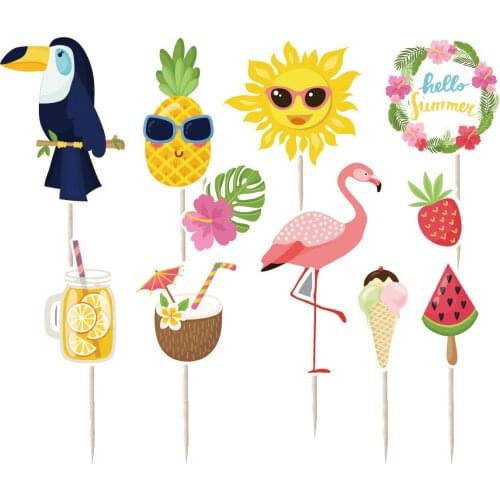 11pcs Flamingo Pineapple Cake Decoration Hawaii Summer Beach Cupcake Topper for Hawaii Luau Party Birthday Baby Shower Supplies