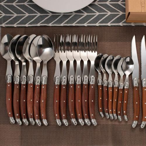 24pcs Laguiole Steak Knives Wooden Tableware Dinner set Stainless steel Japanese Cutlery Wood Handle Dinnerware Japan Flatware