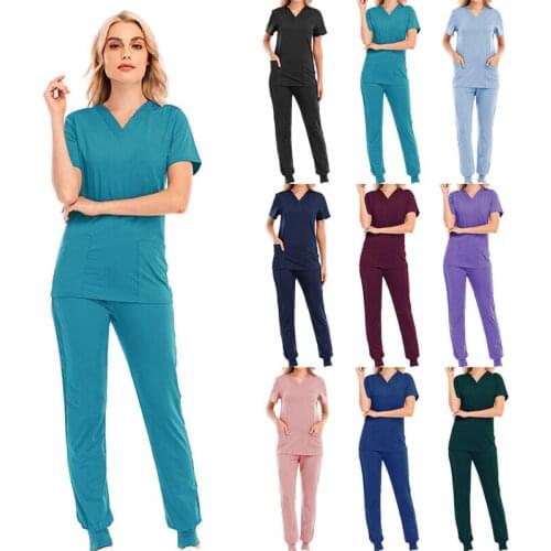 Hospital Uniform Set Solid Color Unisex Surgical Gown Pocket V-neck Scrubs Set