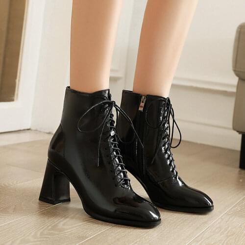 Women Patent Leather Square High Heel Ankle Boots Fashion Zipper Cross Tied Short Boots Autumn Winter Square Toe Shoes Woman